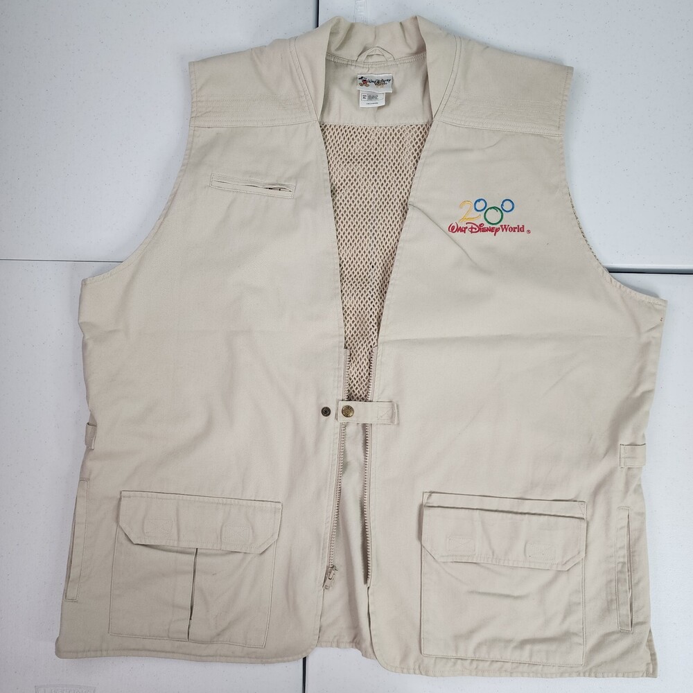Vintage XL Disney World 2000 Y2K Safari Pocket Vest Vented Outdoors Khaki Canvas